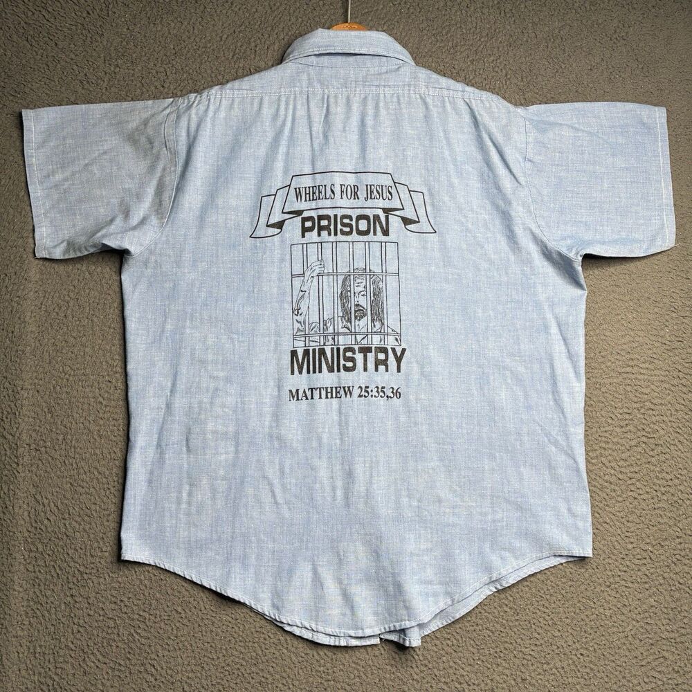 Vintage 70s Prison Ministry Jesus Inmate Chambray Short Sleeve Shirt Jail Large